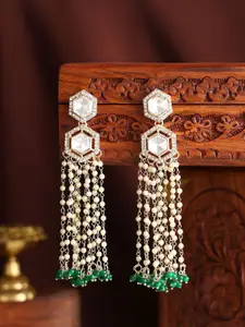 Priyaasi Gold-Plated Kundan Stone Studded & Pearls Beaded Tasselled Drop Earrings