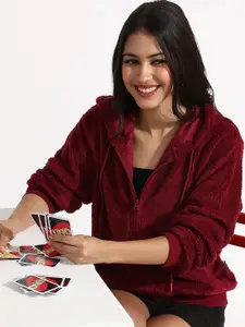 Campus Sutra Women Hooded Long Sleeves Front-Open Sweatshirt