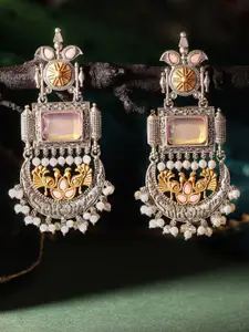 Priyaasi Silver-Plated Oxidized Stone Studded & Beaded Contemporary Shaped Chandbalis
