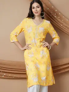 Melange by Lifestyle Floral Printed Sequinned V-Neck Straight Kurta