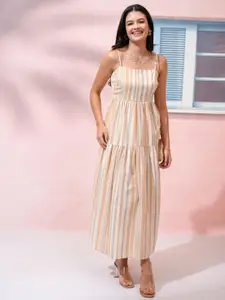 Vishudh Women Striped Cotton Shoulder Straps Sleeveless Fit and Flare Maxi Dress