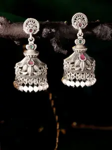 Priyaasi Silver-Plated Oxidized Stone Studded & Beaded Dome Shaped Jhumkas