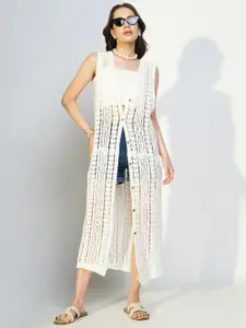 SHOWOFF Self Design Longline Crochet Acrylic Button Shrug