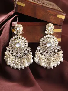 Priyaasi Gold-Plated Kundan Stone Studded & Pearls Beaded Floral Pattern Drop Earrings