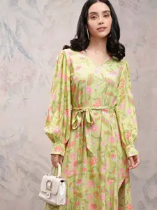 Vishudh Women Floral Printed Side Slits Fit and Flare Midi Dress