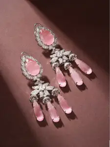 Priyaasi Silver-Plated American Diamond Stone Studded Floral Teardrop Shaped Drop Earrings