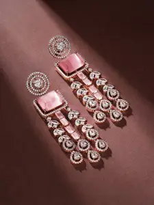 Priyaasi Rose Gold-Plated American Diamond-Stone Studded & Beaded Square Drop Earrings