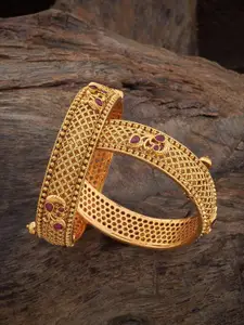 Kushal's Fashion Jewellery Set Of 2 Gold-Plated Stone Studded Antique Bangles