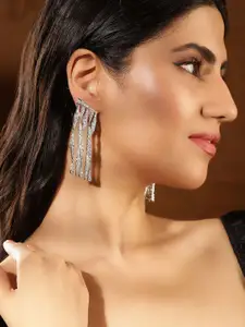 Priyaasi Silver-Plated American Diamond-Stone Studded Contemporary Tasselled Drop Earrings