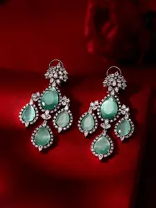 Priyaasi Silver-Plated American Diamond-Stone Studded Teardrop Shaped Drop Earrings