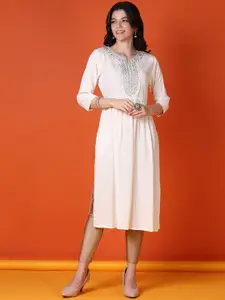 V-Mart Floral Printed Round Neck Regular Thread Work A-Line Kurta