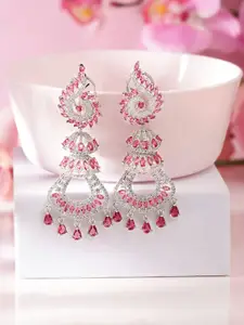 Priyaasi Silver-Plated American Diamond-Stone Studded Contemporary Shaped Drop Earrings