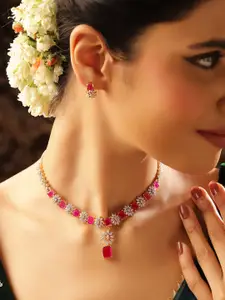 Priyaasi Gold-Plated AD Stone Studded Floral Necklace and Earrings