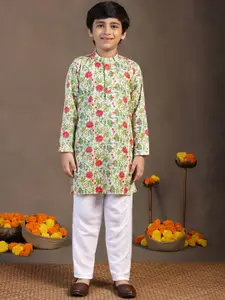 FASHION DREAM Boys Floral Printed Band Collar Regular Sequinned Kurta With Pyjama