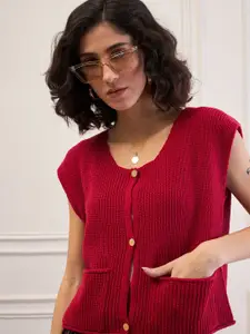 SASSAFRAS Women Round Neck Front-Open Crop Sweater