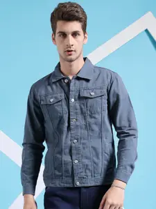The Indian Garage Co Men Slim Fit Denim Trucker Jacket with Double Flap Pockets