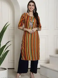 AK FASHION MALL Striped Round Neck Thread Work Crepe Straight Kurta