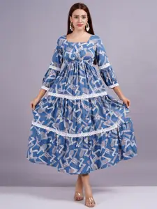 HIGHLIGHT FASHION EXPORT Abstract Printed Square Neck Fit and Flare Maxi Dress