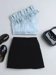 taffykids Girls Ruffled One Shoulder Crop Top With Skirt