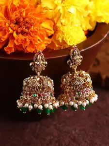 Priyaasi Gold-Plated Stone Studded & Beaded Matte Elegance Goddess Jhumkas