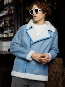 Campus Sutra Men Colourblocked Suede Lightweight Biker Jacket