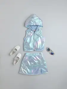taffykids Girls Holographic Sleeveless Zip-Up Hooded Crop Top With Slit Detail Skirt