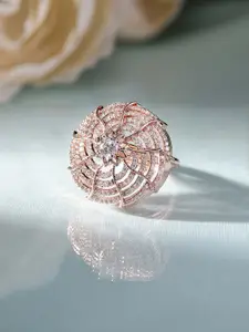 Priyaasi Rose Gold-Plated American Diamond-Studded Floral Geometric Shaped Finger Ring
