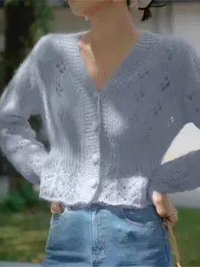 KPOP Women V-Neck Long Sleeves Front-Open Sweaters