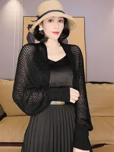 KPOP Women V-Neck Long Sleeves Front Open Sheer Shrug