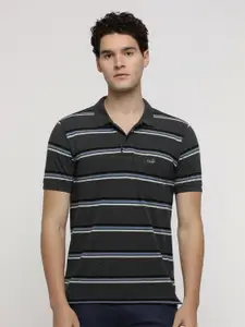 Crocodile Men Striped Polo Collar Pockets Slim Fit T-shirt