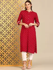 Anouk Red Geometric Printed Mandarin Collar Straight Kurta