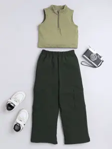 taffykids Girls Round Neck Crop Top With Cargo Trousers