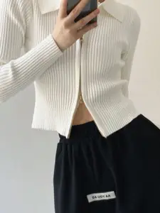 HERE&NOW Women V-Neck  Long Sleeves Front-Open Sweater