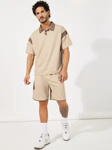 Styli Beige Colourblocked Oversized Polo Collar T-Shirt & Shorts