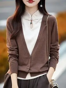 KPOP Women V-Neck Long Sleeves  Front-Open Sweater