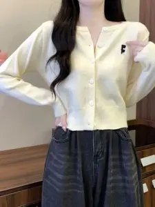 KPOP Women Round Neck Long Sleeves Front-Open Crop Sweater