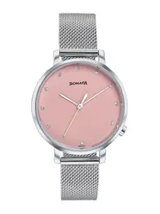 Sonata Women Brass Embellished Dial & Stainless Steel Straps Analogue Watch 87045SM02W