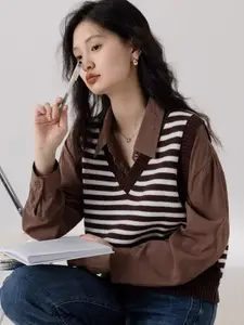 HERE&NOW Women Striped V-Neck Sleeveless Sweater Vest