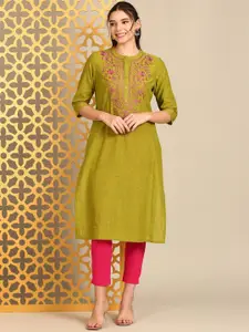 Anouk Green Floral Embroidered Mandarin Collar Pure Cotton Straight Kurta