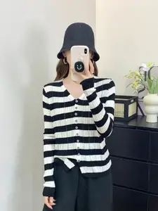 KPOP Women Striped Front-Open Sweater