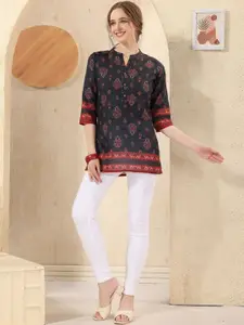 keshubaba Ethnic Motifs Jaipuri Printed Mandarin Collar Sequinned Cotton Straight Kurta