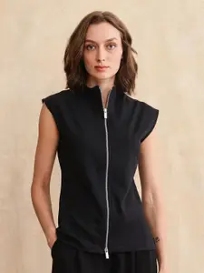 RAREISM Women High Neck Sleeveless Front-Open Sweatshirt