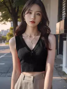 KPOP Women V-Neck Ribbed Sleeveless Crop Sweater Vest