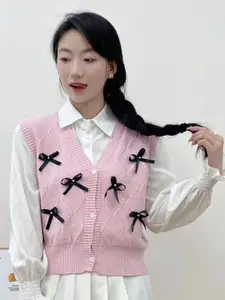 KPOP Women Self Design V-Neck Sleeveless Front-Open Sweater