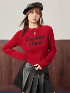 KPOP Women Cotton Typography Printed Round Neck Long Sleeves Pullover Sweaters