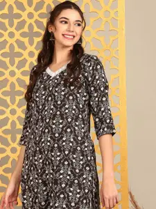 Anouk Coffee Brown Floral Printed V-Neck Straight Kurta