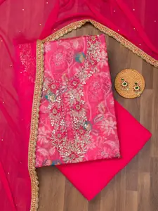 Koskii Floral Printed Beads and Stones Organza Unstitched Dress Material