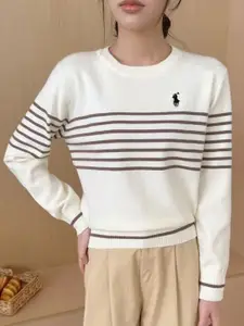 KPOP Women Cotton Round Neck Striped Long Sleeves Pullover Sweater