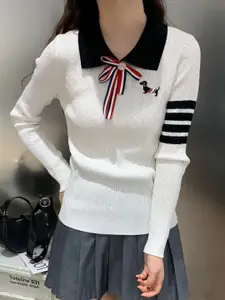 KPOP Women Lapel Collar Self Design Long Sleeves Pullover Sweaters