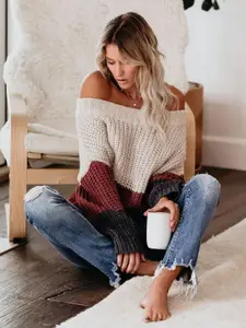 KPOP Women Off-Shoulder Colourblocked Pullover